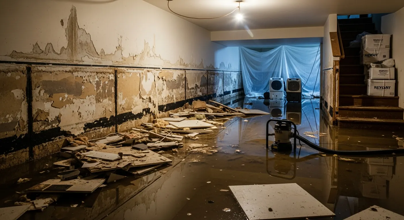 Water damage restoration technician assessing a flooded San Antonio home